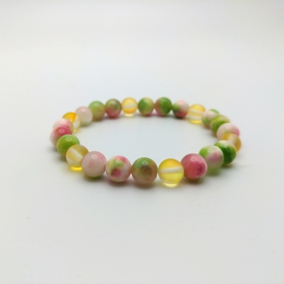 Semi Precious Jade Stretch Bracelet with Flash Glass Beads, 8mm - Picture 1 of 6